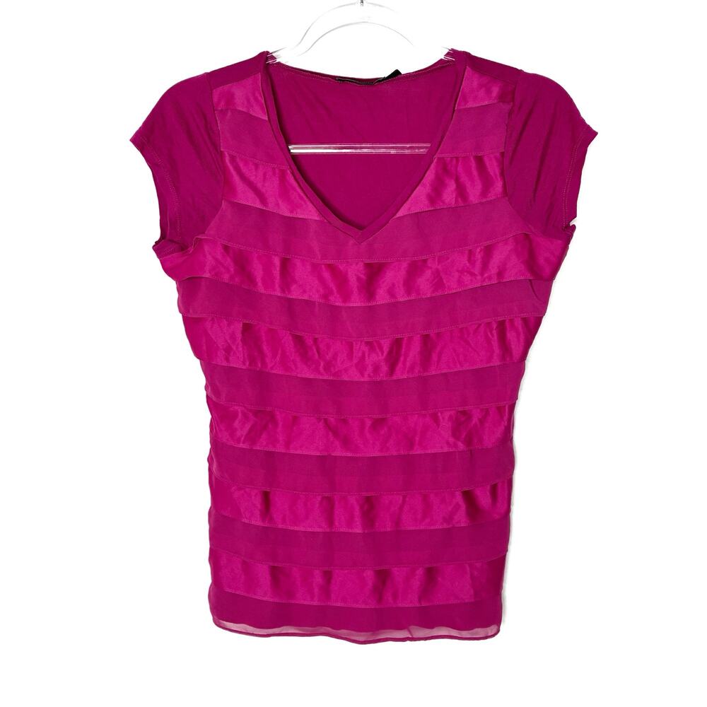 The Limited Hot Pink Satin Mesh Ruffle Stripe Short Sleeve Tee V-Neck Womens M